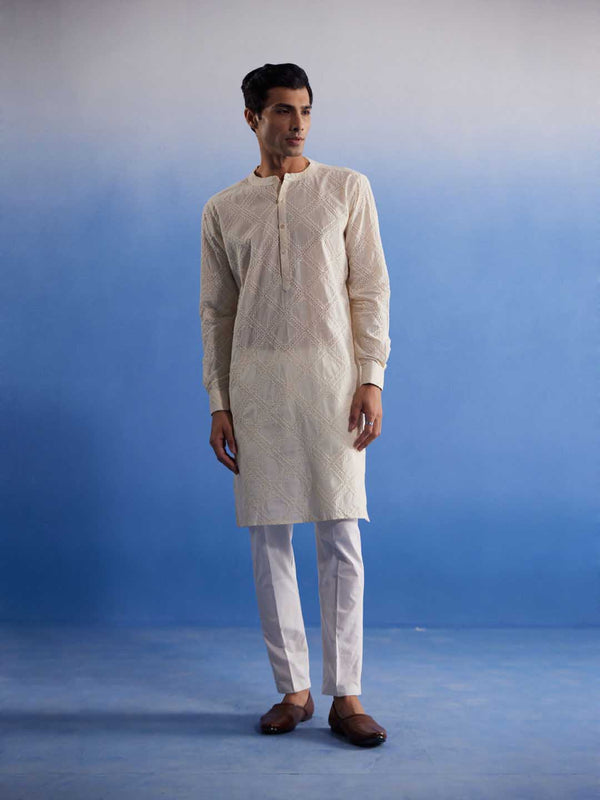 Jashvi Men's Cream Hakooba Cotton Kurta With White Pant