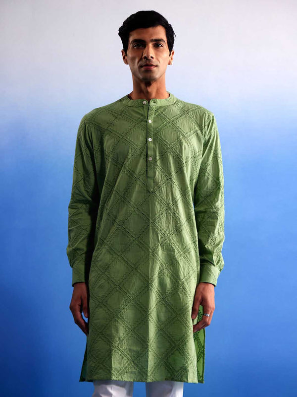 Jashvi Men's Green Hakooba Cotton Kurta