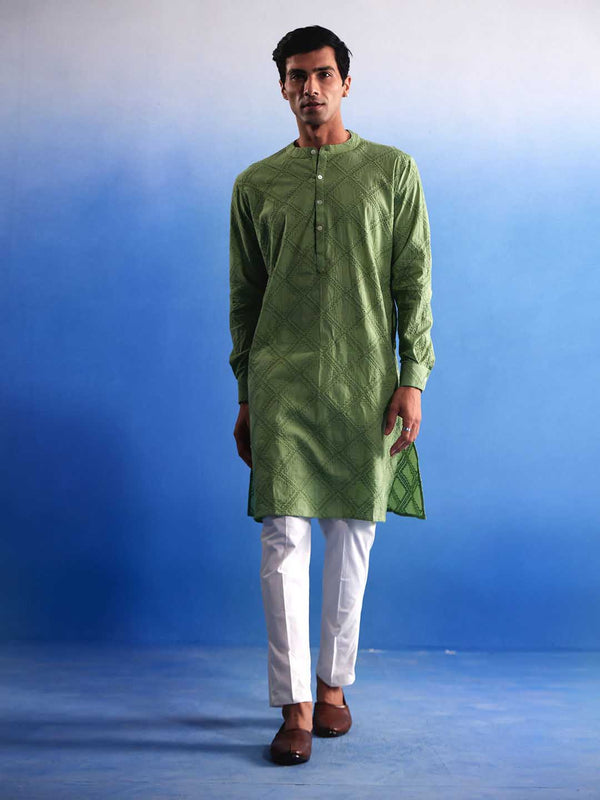 Jashvi Men's Green Hakooba Cotton Kurta With White Pant