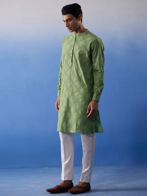 Jashvi Men's Green Hakooba Cotton Kurta With White Pant