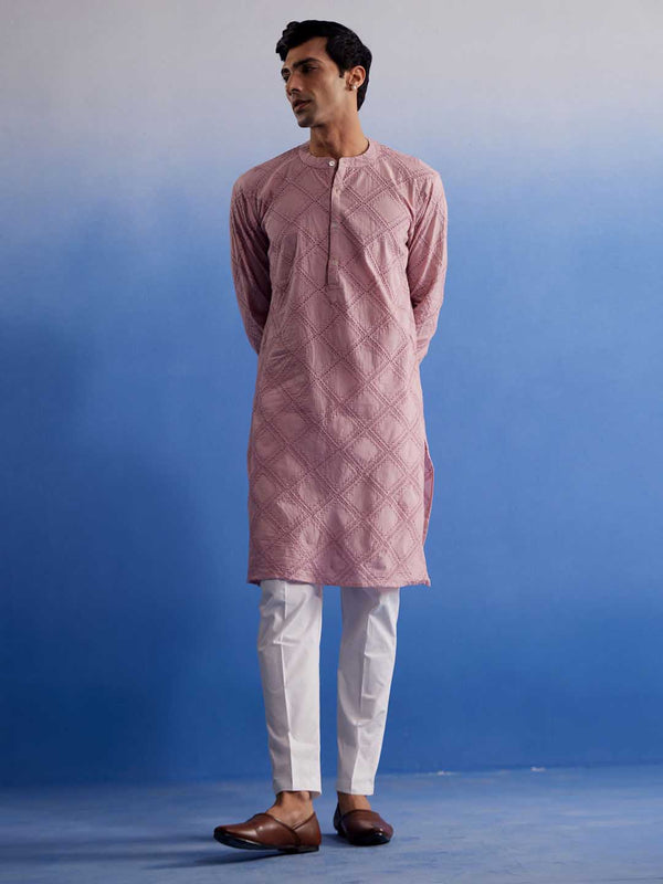 Jashvi Men's Pink Hakooba Cotton Kurta With White Pant