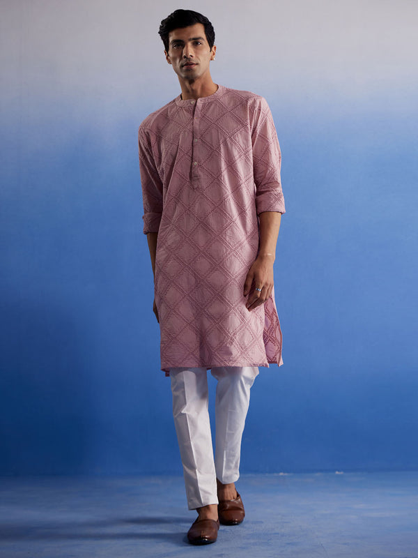 Jashvi Men's Pink Hakooba Cotton Kurta With White Pant