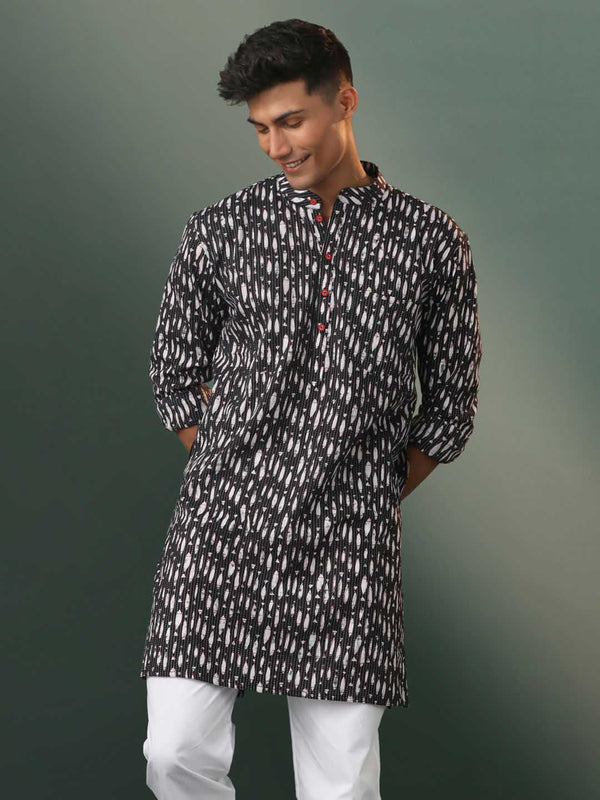 Jashvi Men's Black Printed Cotton Kurta