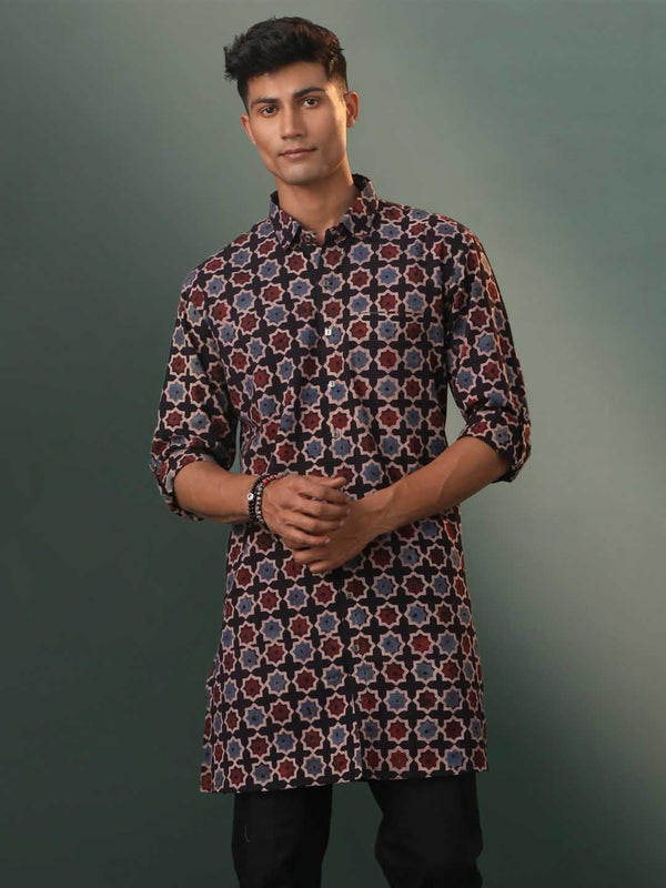 Jashvi Men's Multi Color Base Black Ajrakh Print Cotton Kurta