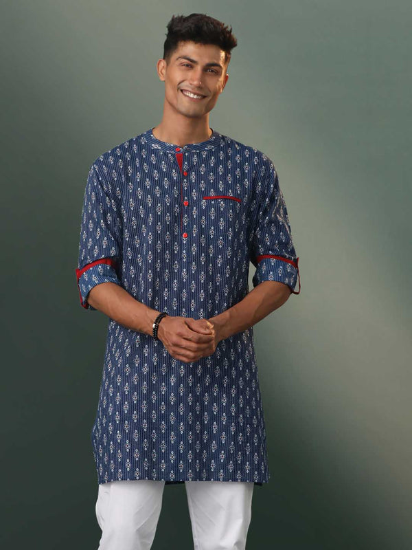 Jashvi Men's Navy Blue Block Print With Thread Work Cotton Kurta