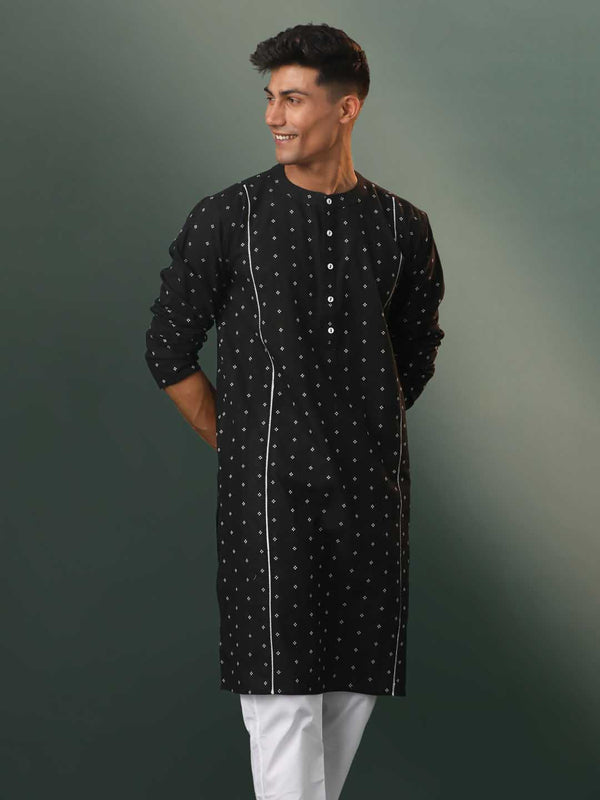 Jashvi Men's Black Jacquard Cotton Kurta