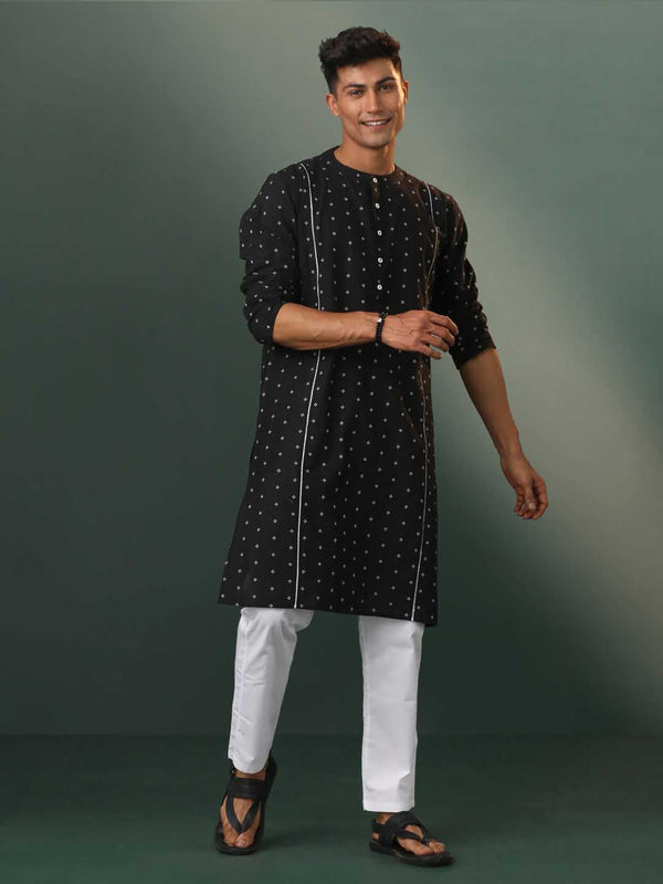 Jashvi Men's Black Jacquard Cotton Kurta Pyjama Set