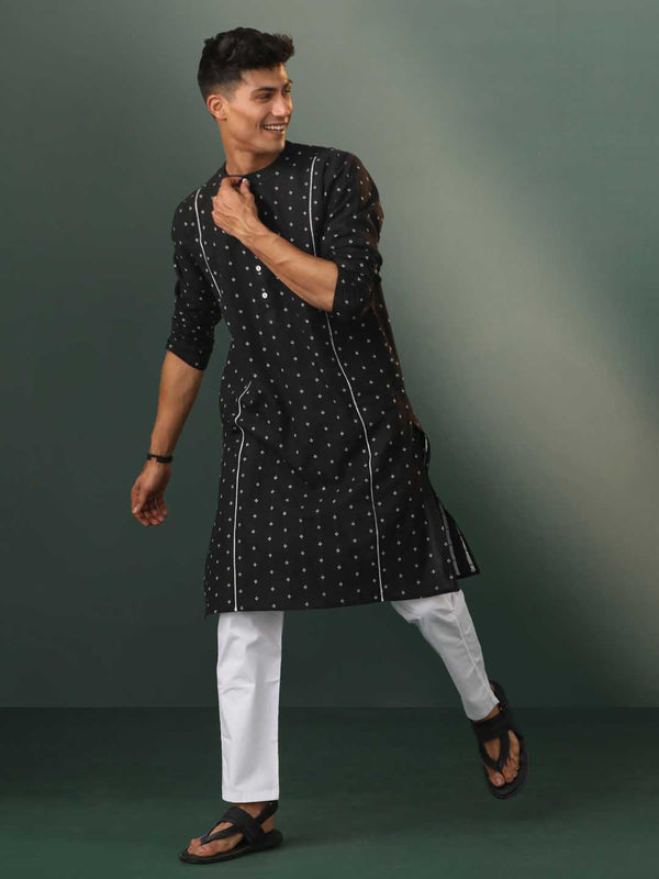 Jashvi Men's Black Jacquard Cotton Kurta Pyjama Set