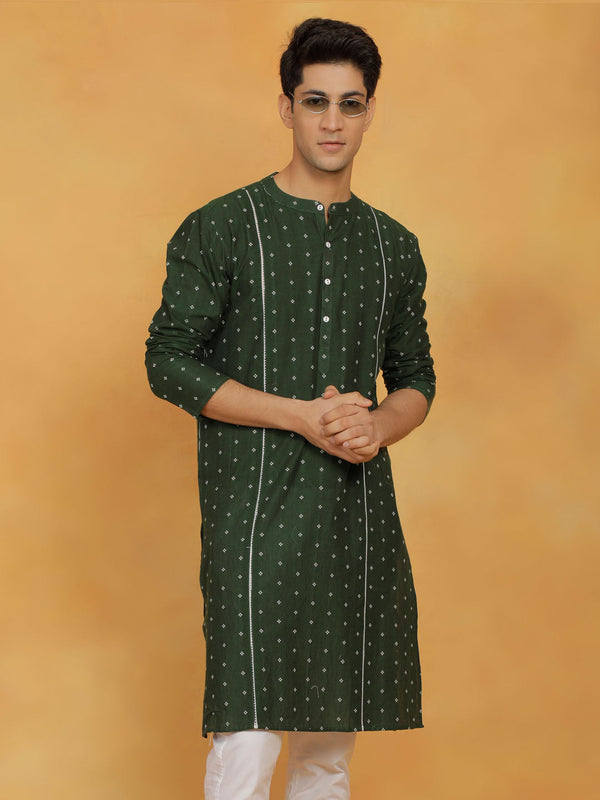 Jashvi Men's Bottle Green Cotton Kurta