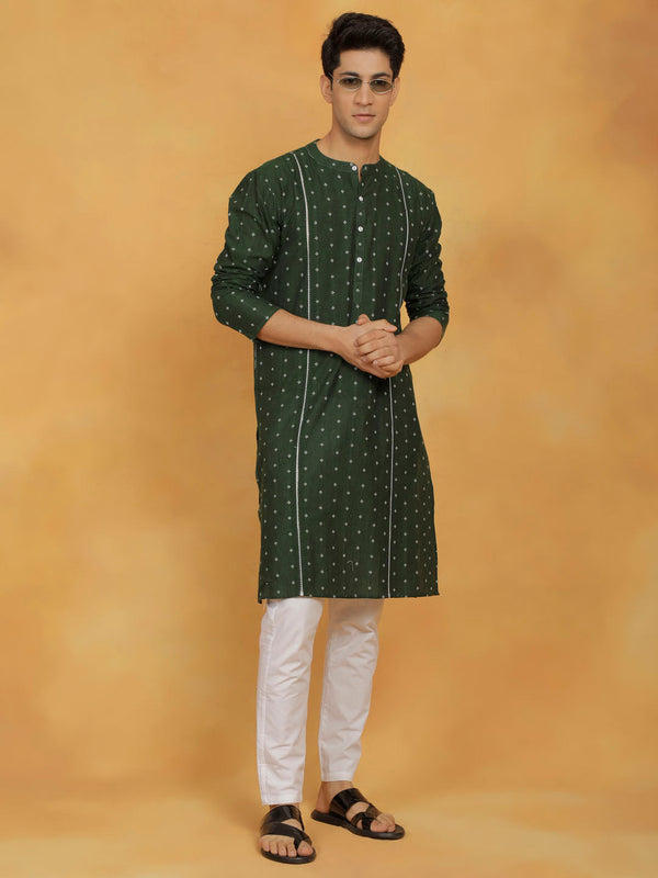 Jashvi Men's Bottle Green And White Cotton Kurta Pyjama Set