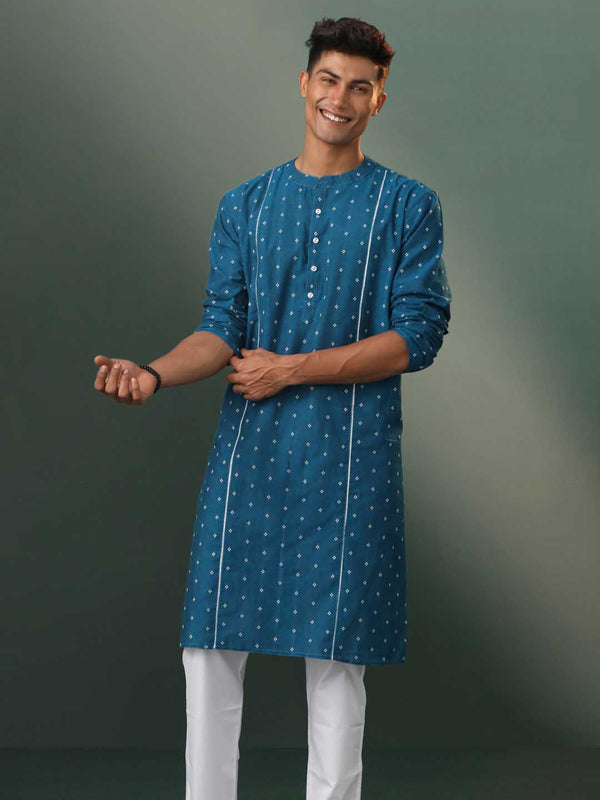 Jashvi Men's Turquoise Blue Jacquard Cotton Kurta