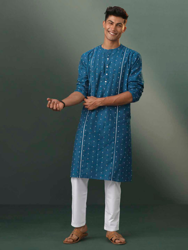 Jashvi Men's Turquoise Blue Jacquard Cotton Kurta Pyjama Set