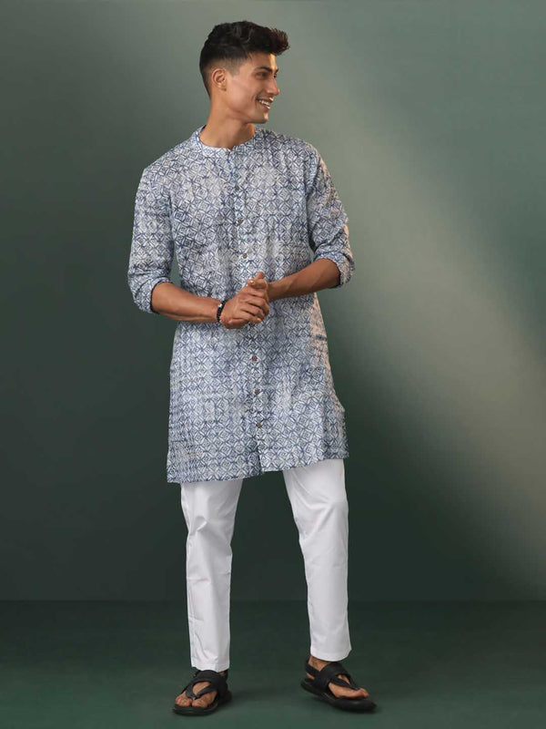 Jashvi Men's Blue And White Cotton Kurta Pyjama Set