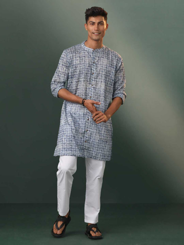 Jashvi Men's Blue And White Cotton Kurta Pyjama Set