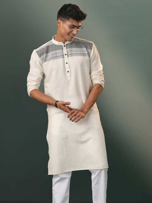 Jashvi Men's Cream Jacquard Cotton Kurta