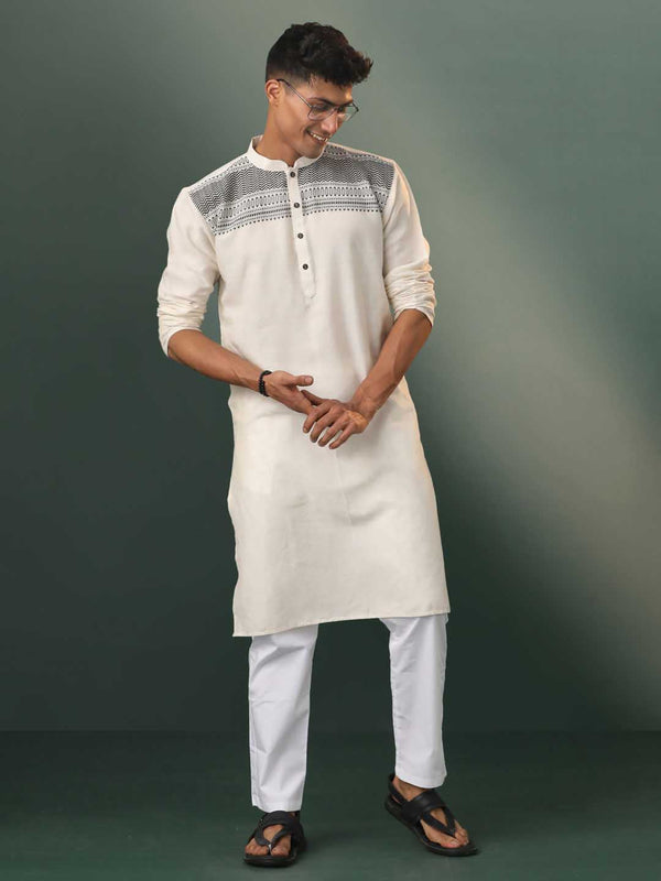 Jashvi Men's Cream Jacquard Cotton Kurta Pyjama Set