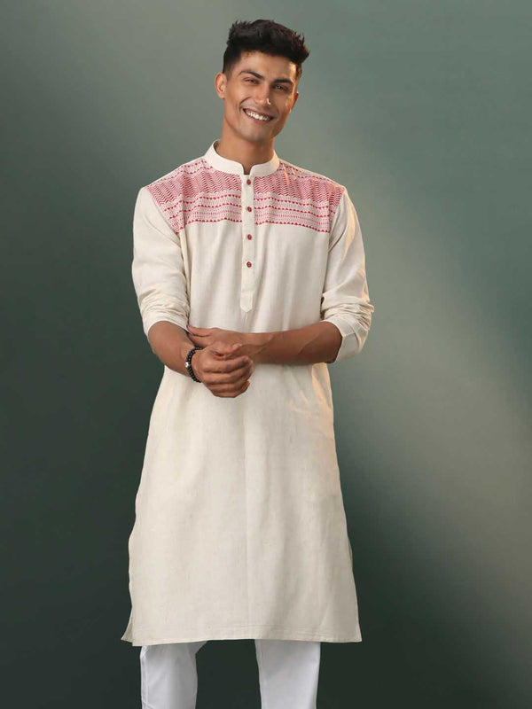 Jashvi Men's Cream Jacquard Cotton Kurta