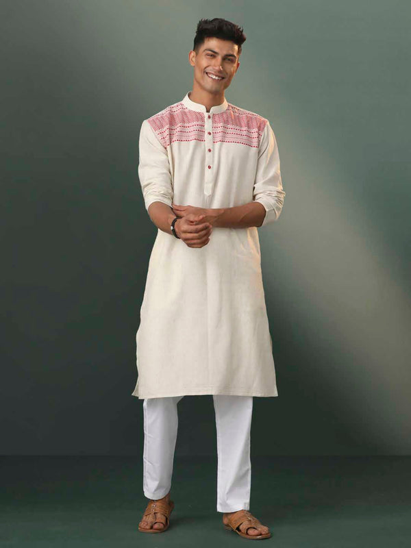 Jashvi Men's Cream Jacquard Cotton Kurta Pyjama Set