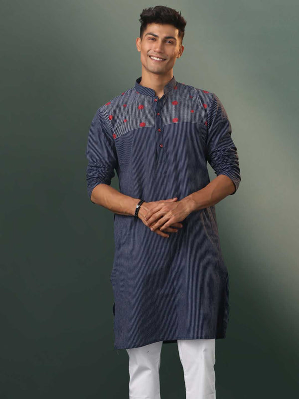 Jashvi Men's Navy Blue Striped Cotton Kurta