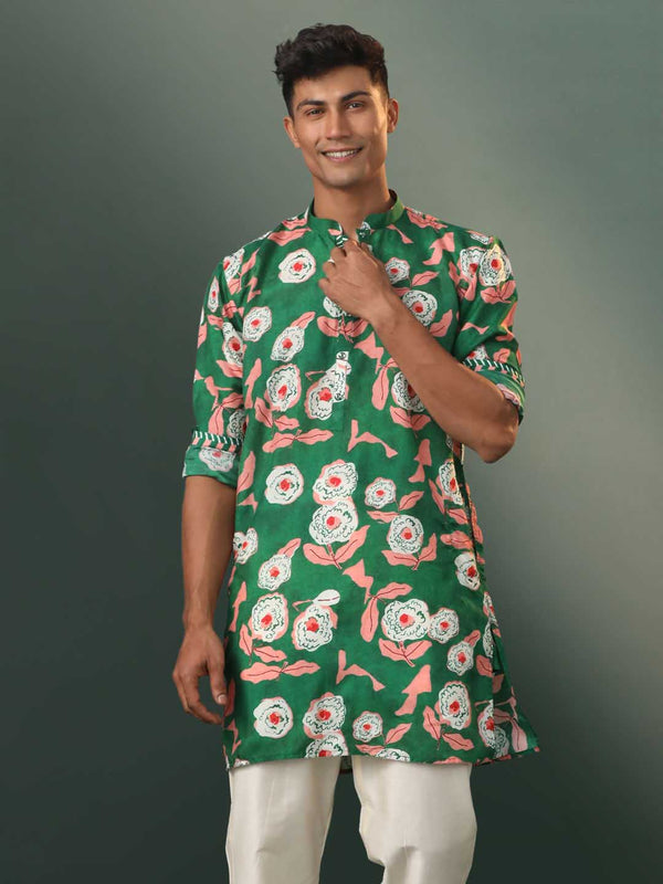 Jashvi Men's Green Floral Print Cotton Blend Kurta