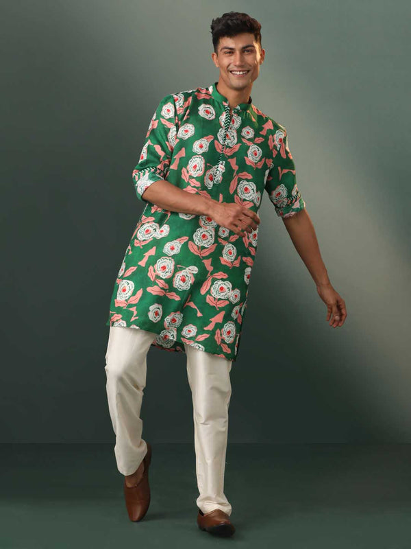 Jashvi Men's Green Floral Print Cotton Blend Kurta Pyjama Set