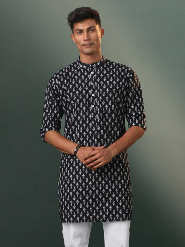 Jashvi Men's Black Printed Cotton Kurta