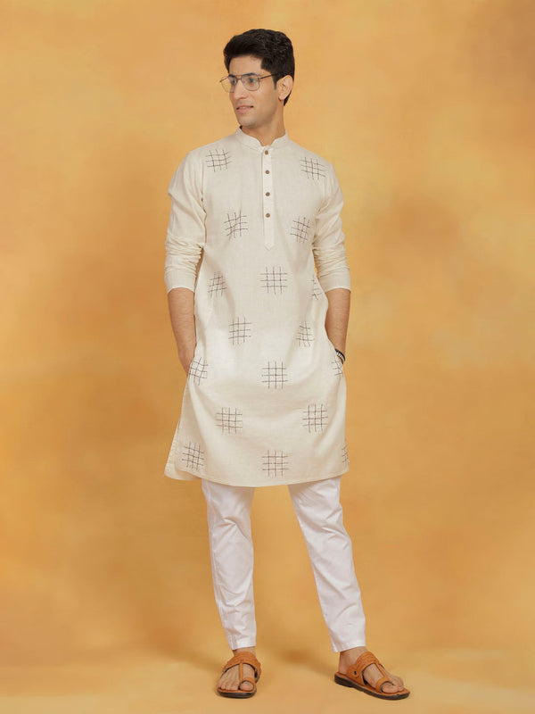 Jashvi Men's Cream And White Cotton Cool Kurta Pyjama Set