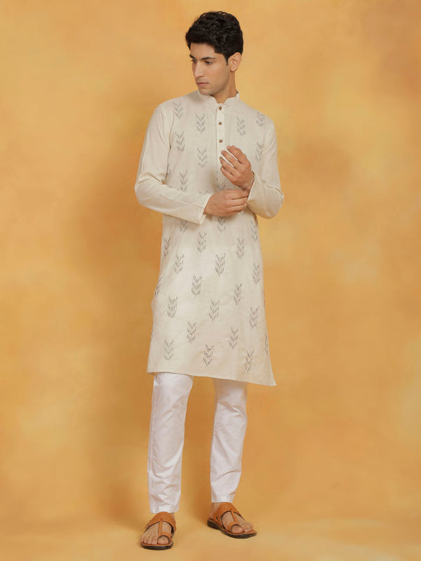 Jashvi Men's Cream And White Cotton Cool Kurta Pyjama Set