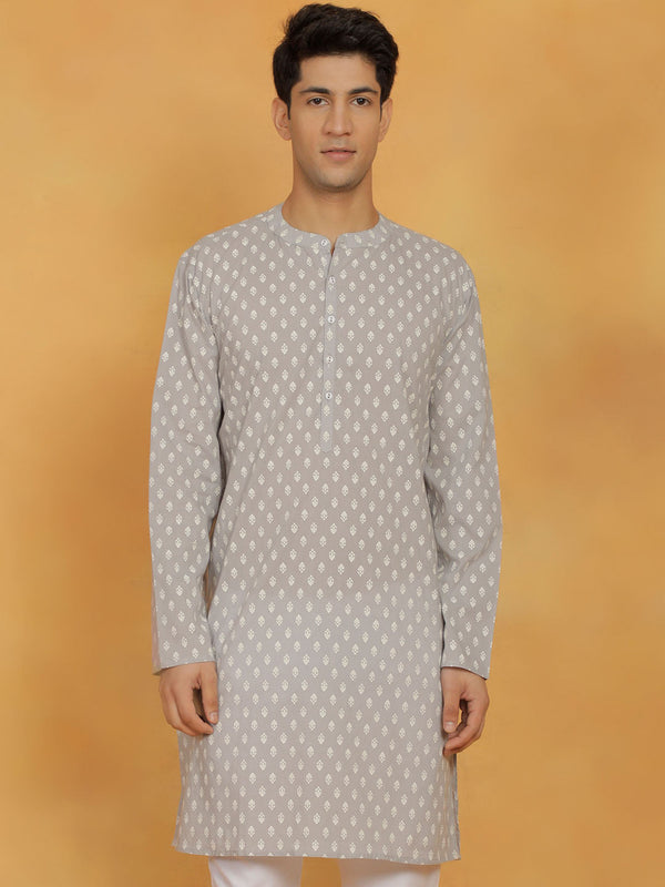 Jashvi Men's Gray Cotton Kurta