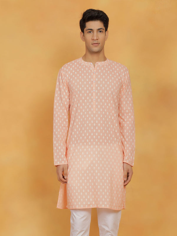 Jashvi Men's Peach Cotton Kurta