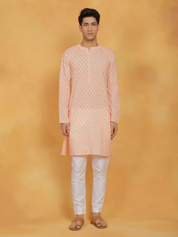 Jashvi Men's Peach And White Cotton Kurta and Pyjama Set