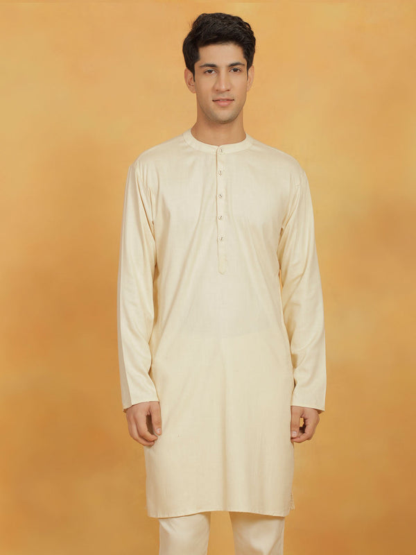 Jashvi Men's Cream Linen Cotton Kurta