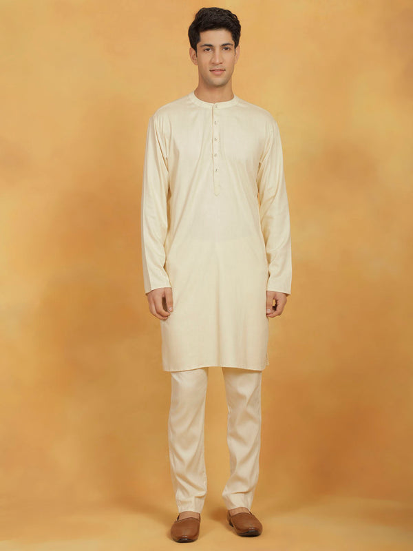 Jashvi Men's Cream Linen Cotton Kurta And Pyjama Set