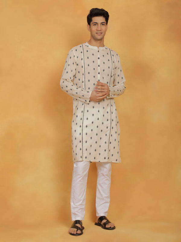 Jashvi Men's Cream And Whiite Cotton Kurta And Pyjama Set