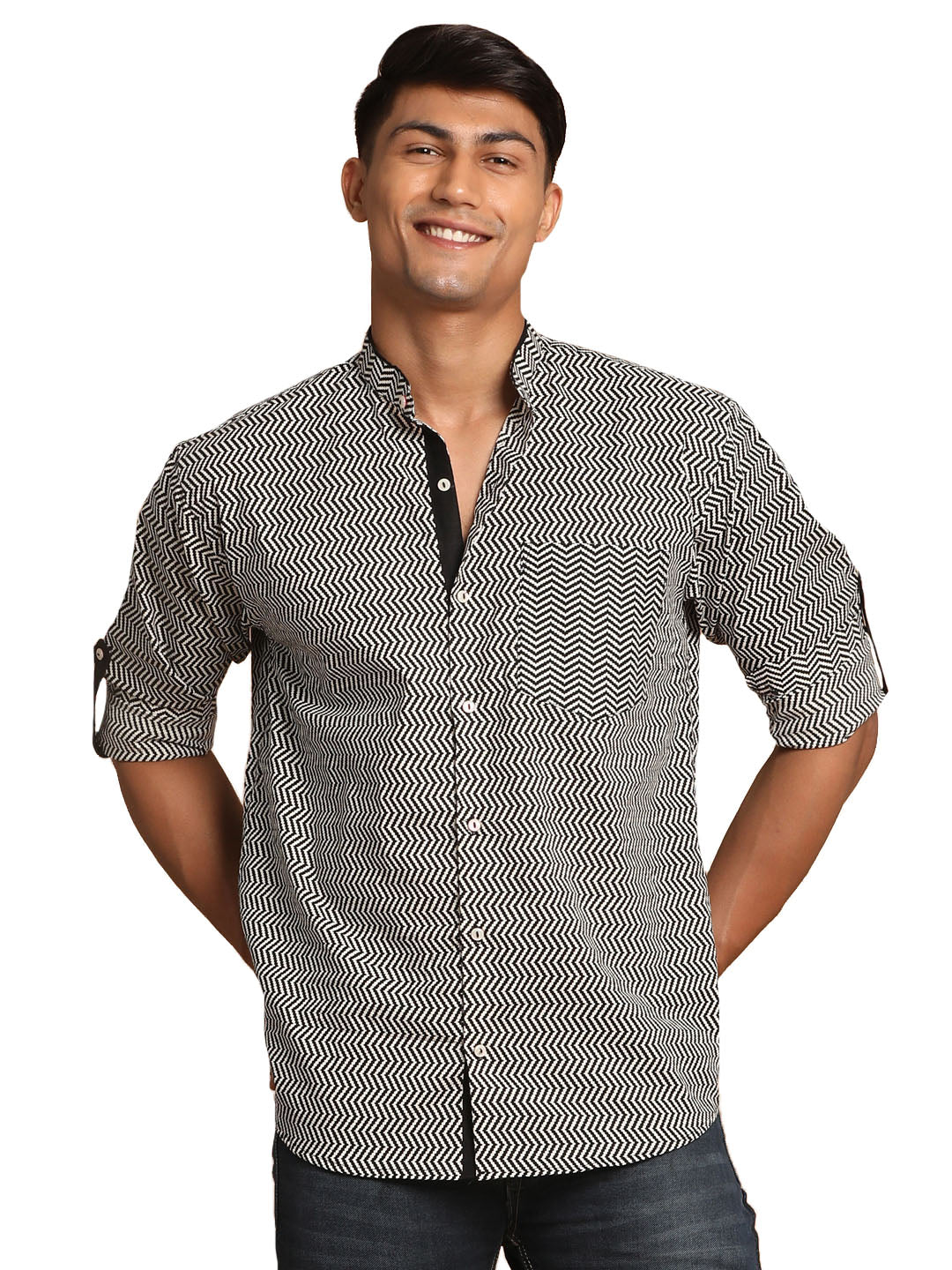 Men's Black And White Cotton Ethnic Shirt - Vastramay