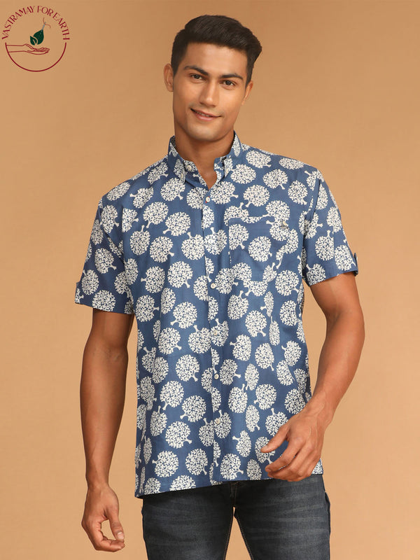 Jashvi Men's Blue Printed Short Sleeve Shirt