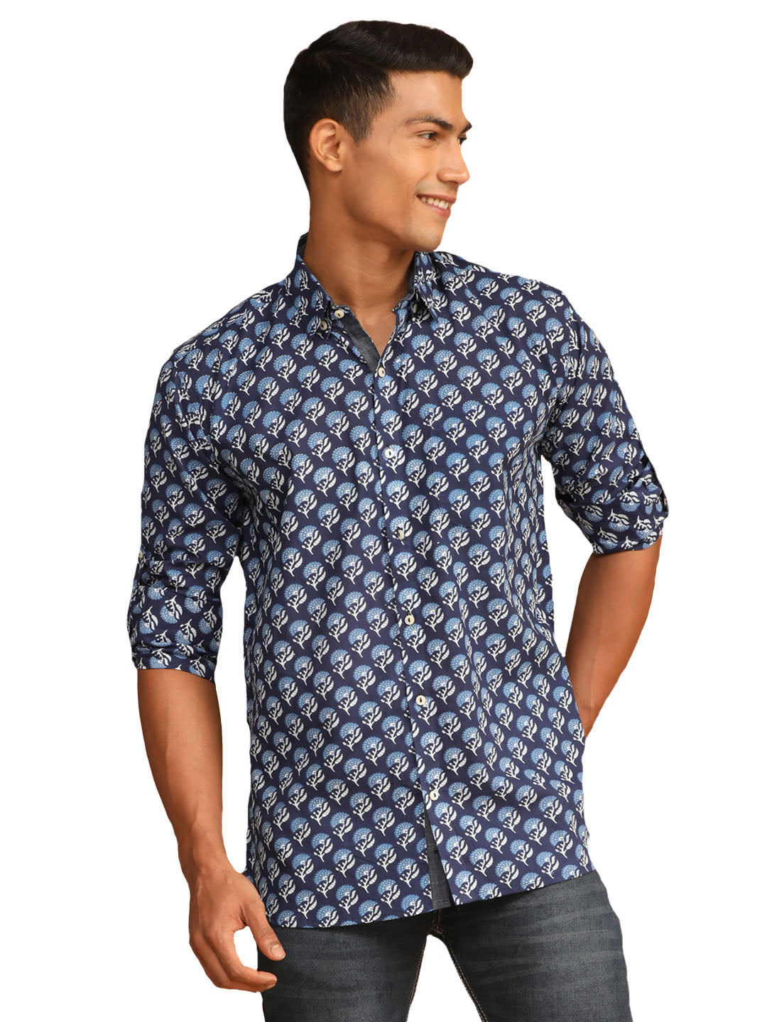 Men's Blue Cotton Blend Ethnic Shirt - Vastramay