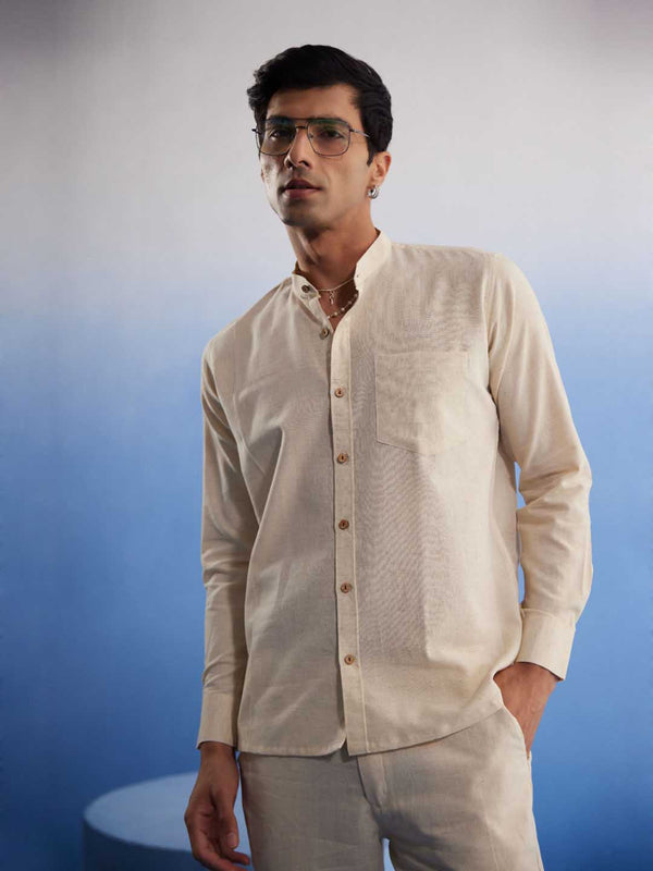 Jashvi Men's Cream Pure Cotton Plain Shirt