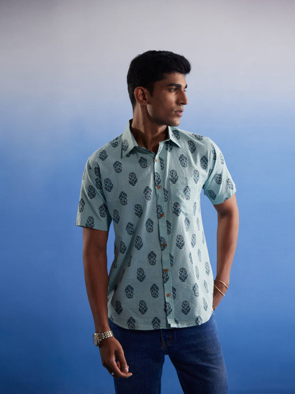 Jashvi Men's Mint Green Ethnic Motif Printed Cotton Shirt