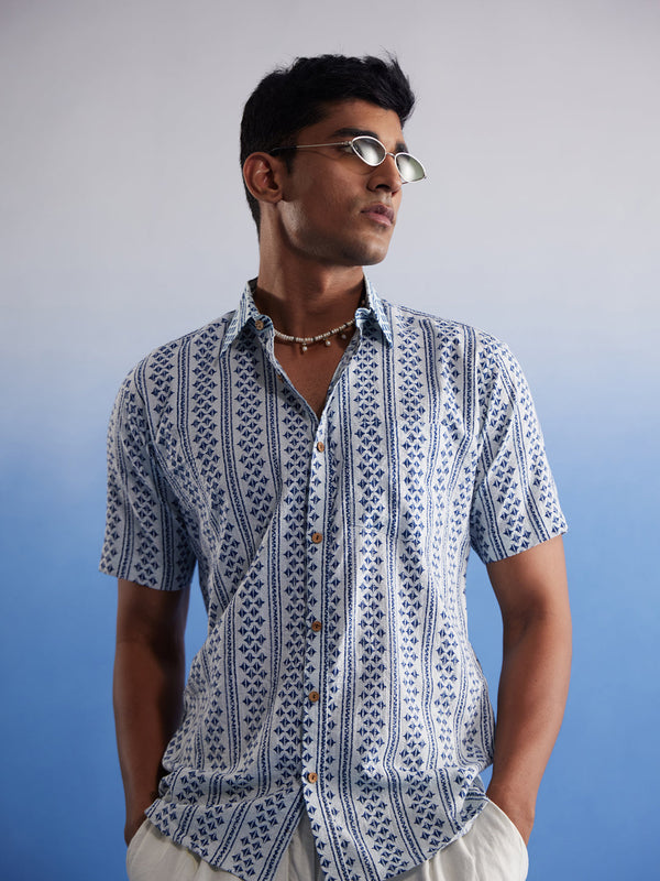 Jashvi Men's White And Blue Kantha Stich Cotton Shirt