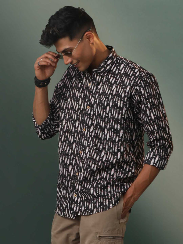 Jashvi Men's Black Fish Motif Printed Cotton Blend Stripes Shirt