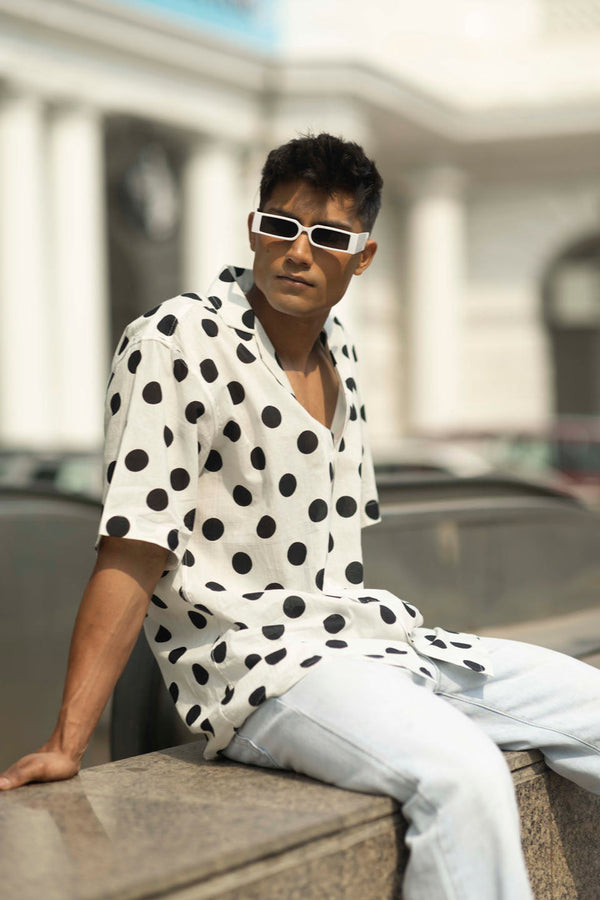 Jashvi Men's White And Black Polka Dot Print Cotton Shirt