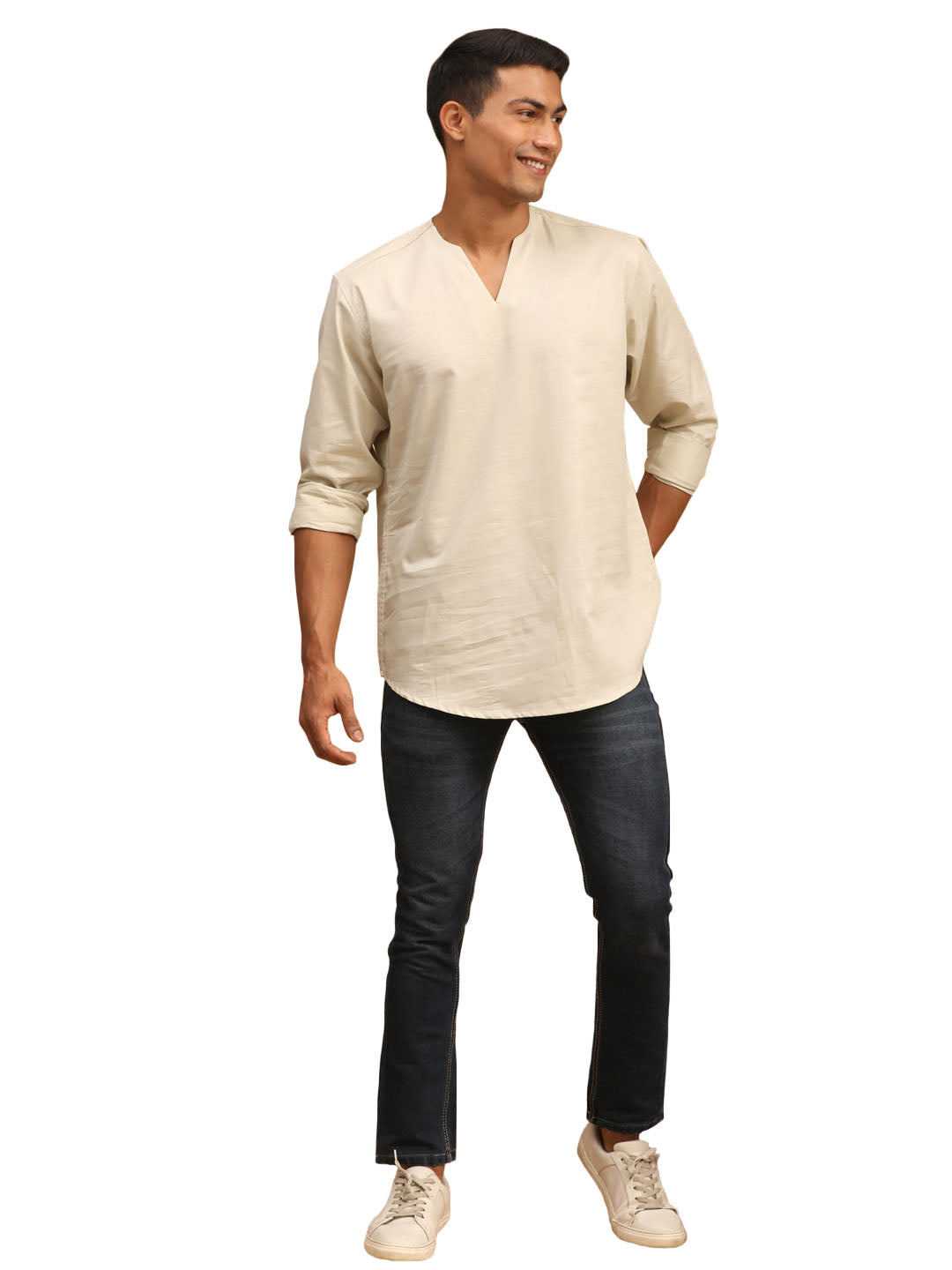 Men's Cream Cotton Blend Short Kurta - Vastramay