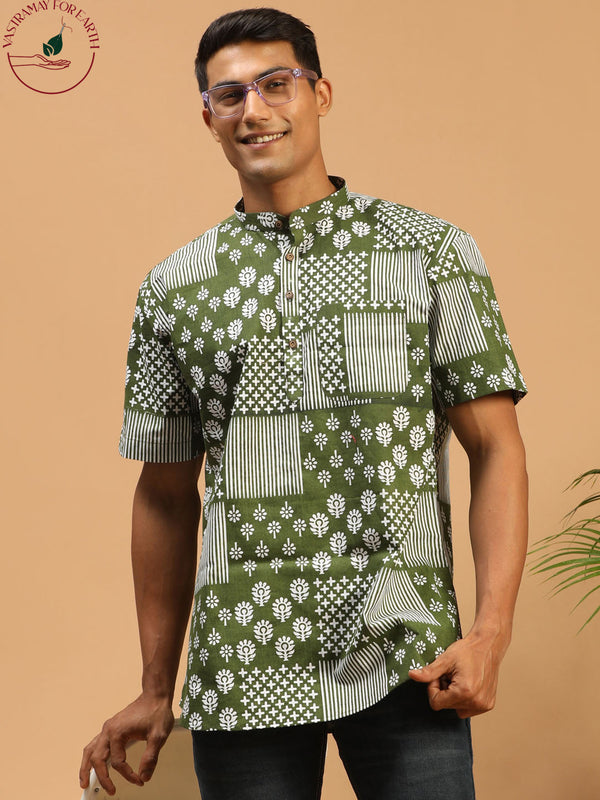 Jashvi Men's Green Printed Pure Cotton Short Kurta