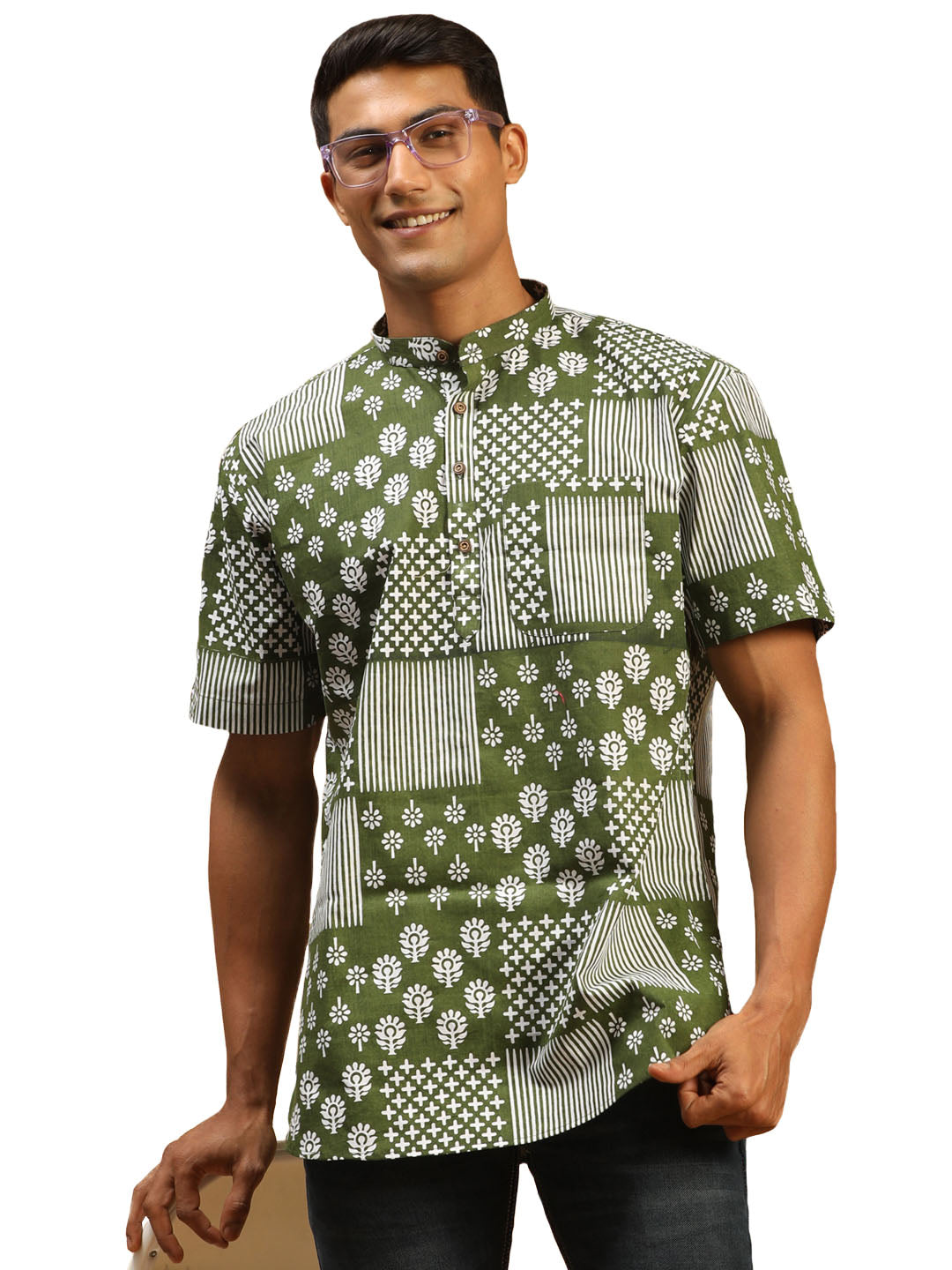 Men's Green Cotton Short Kurta - Vastramay