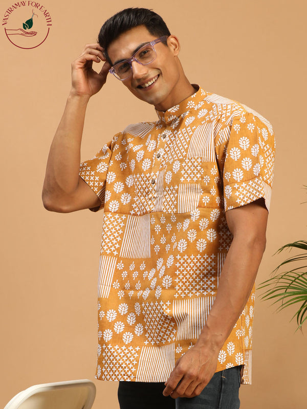 Jashvi Men's Mustard Printed Pure Cotton Short Kurta