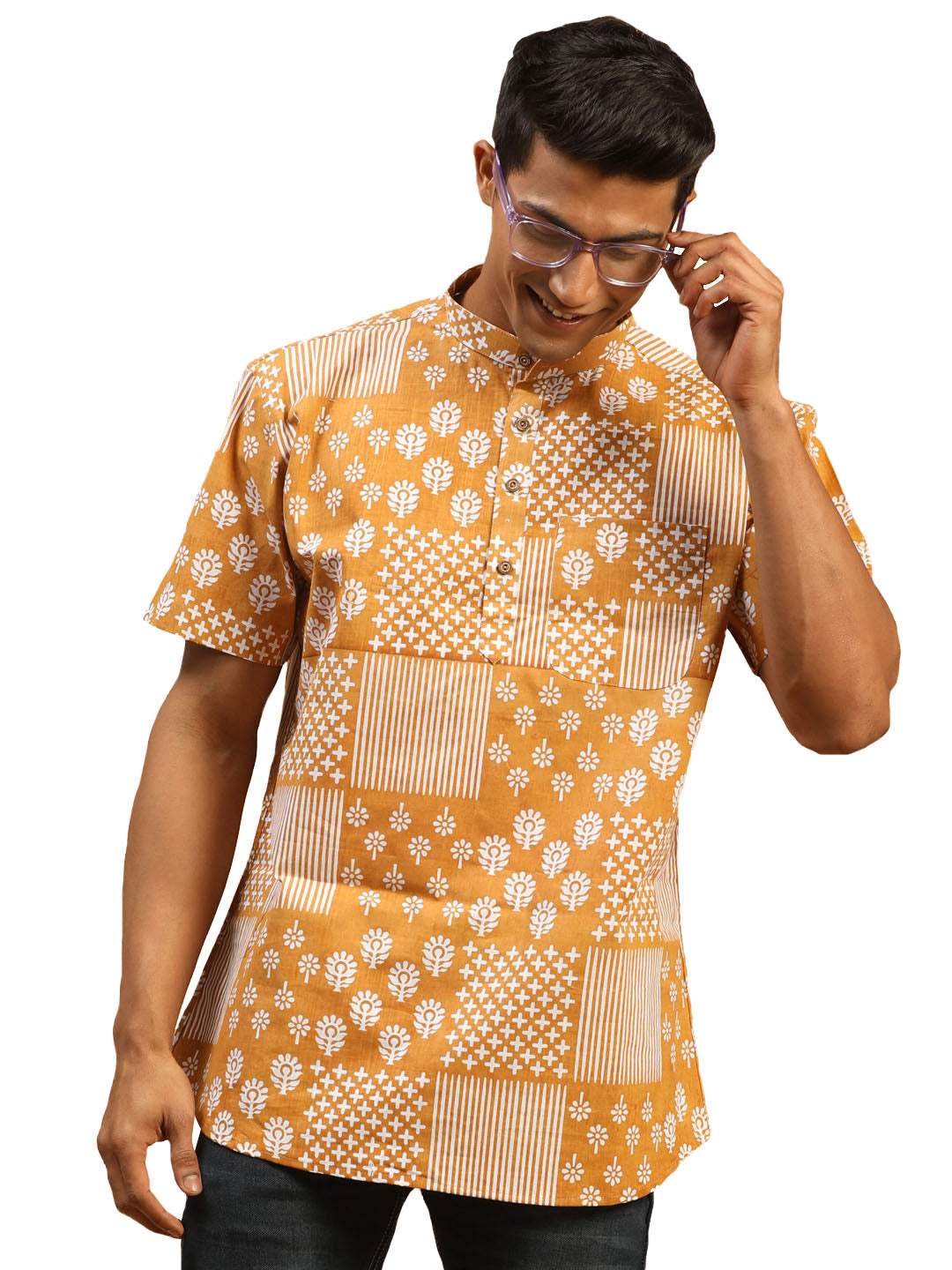 Men's Mustard Cotton Short Kurta - Vastramay