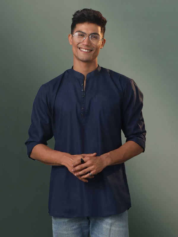 Jashvi Men's Navy Blue Cotton Blend Short Kurta