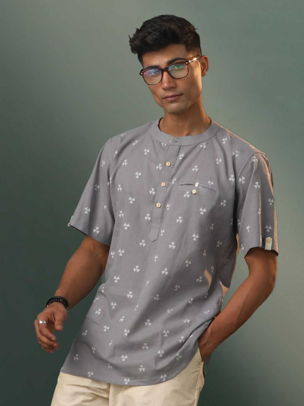 Jashvi Men's Grey Cotton Jacquard Short Kurta