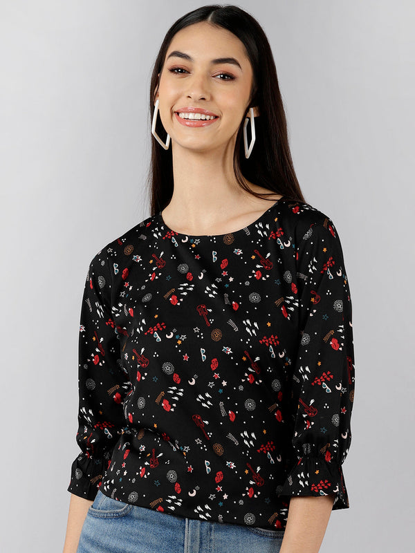 Women's Black Crepe Conversational Printed Topahika